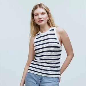 Madewell Crochet Tank WMNS S White Navy Stripe Open Knit Cotton Nautical Chic
